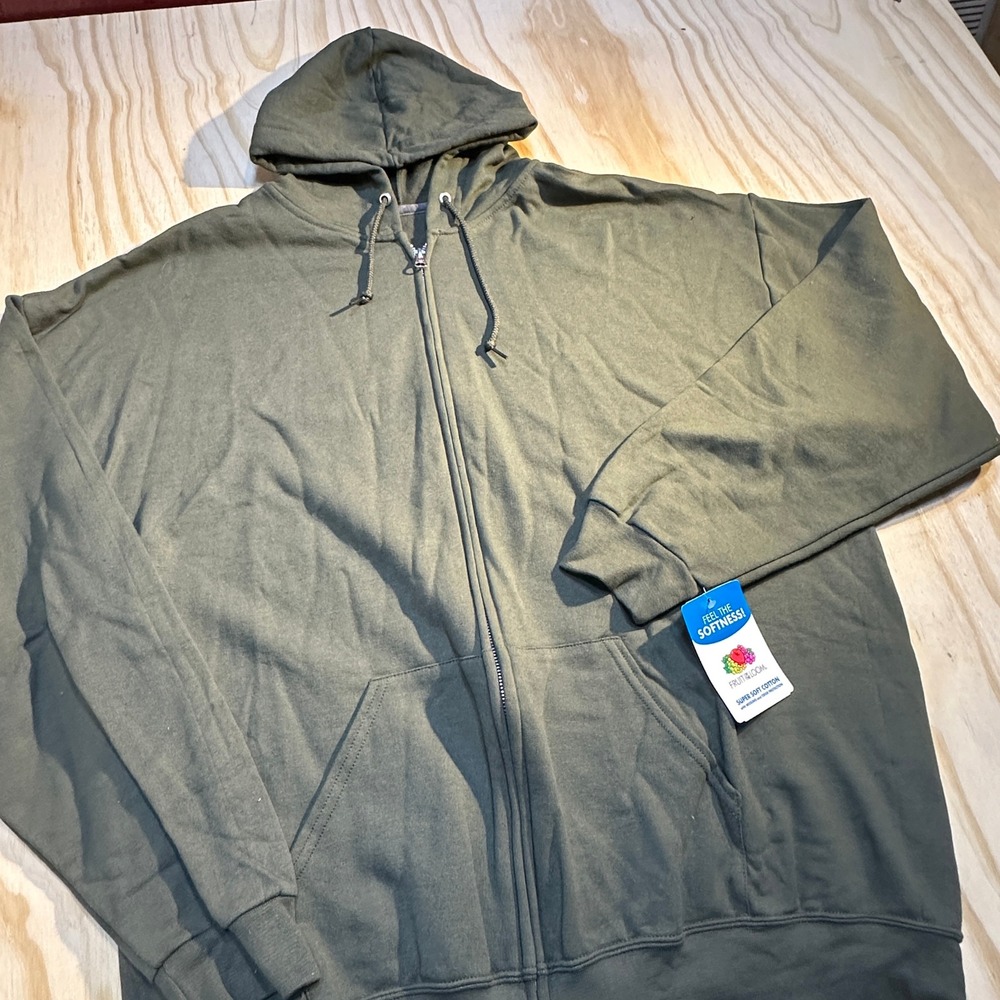 Fruit of the Loom Mens 2XL Olive Green Full Zip Hoodie A14000X Super Soft Cotton